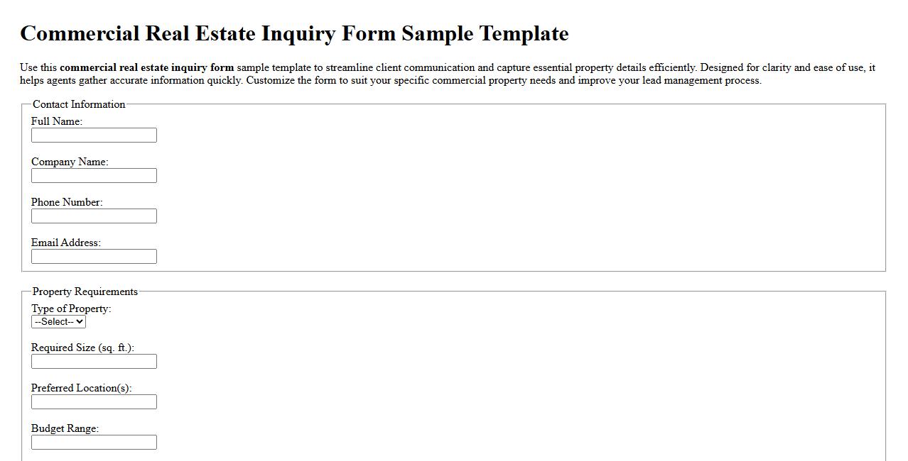 Commercial real estate inquiry form sample template image preview