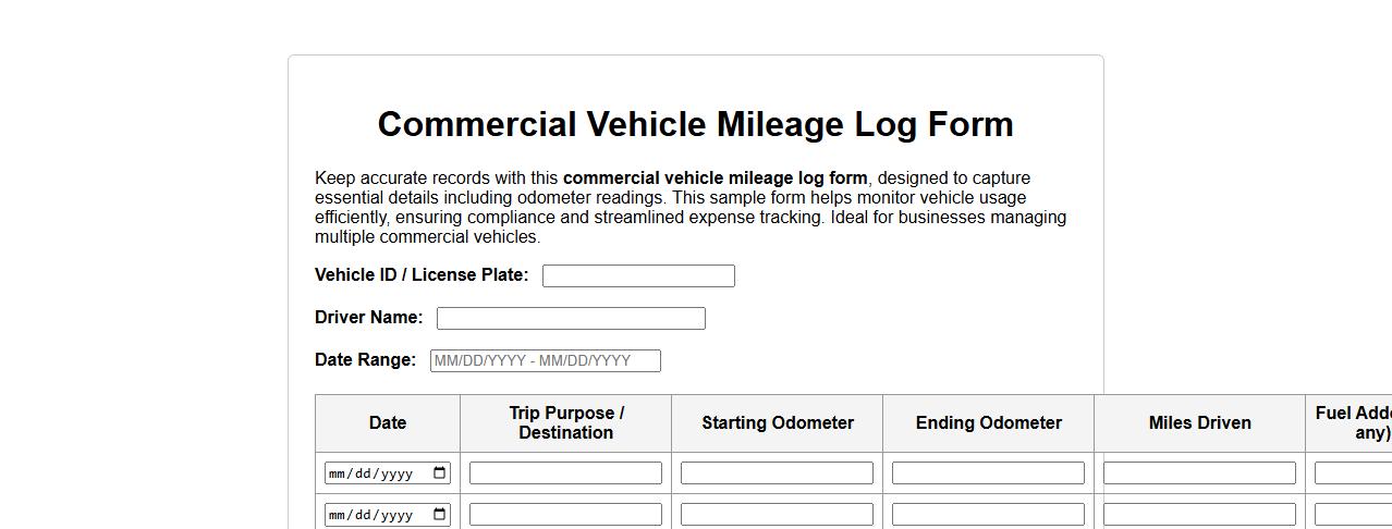 Commercial vehicle mileage log form sample with odometer reading image preview