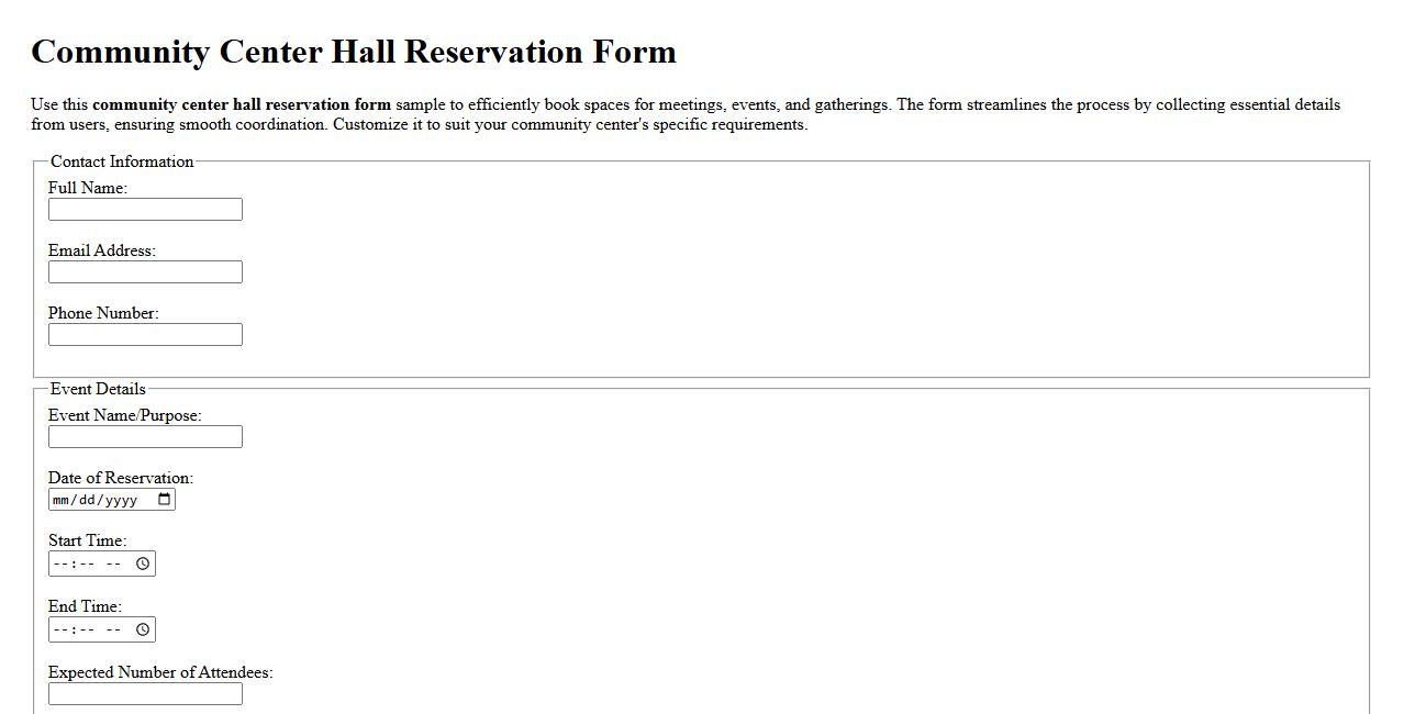 Community center hall reservation form sample image preview