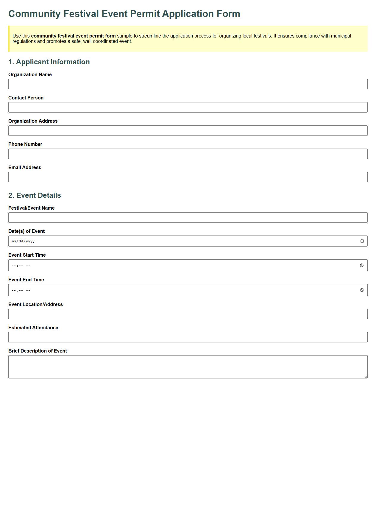 community festival event permit form sample image preview