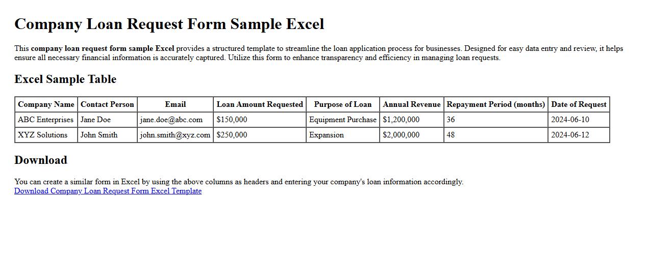 Company loan request form sample Excel image preview