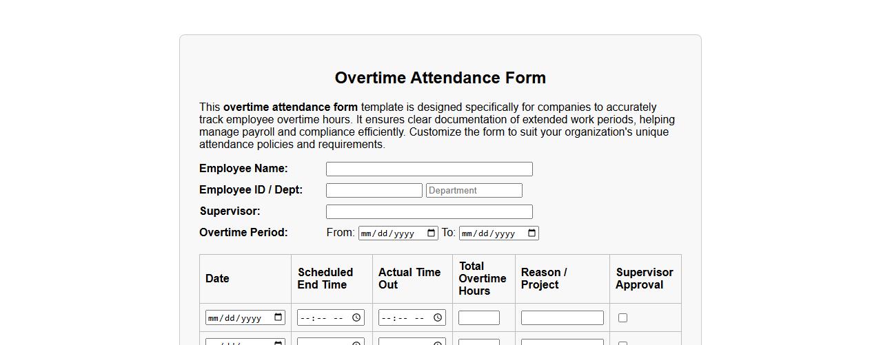 Company-specific overtime attendance form sample template image preview