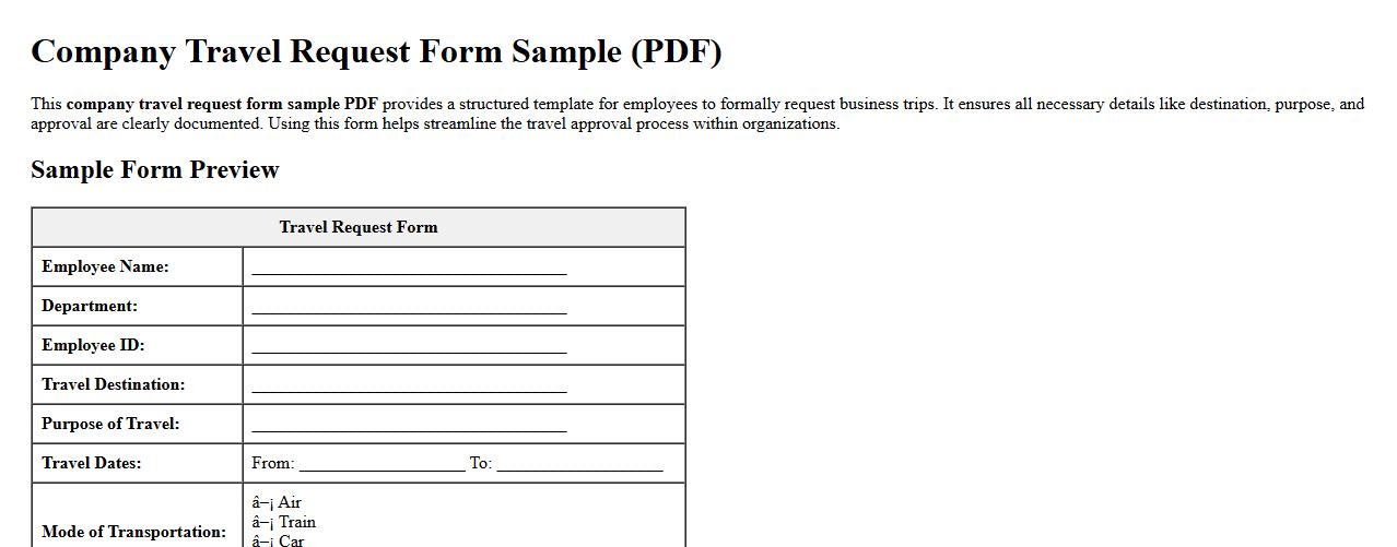 company travel request form sample PDF image preview