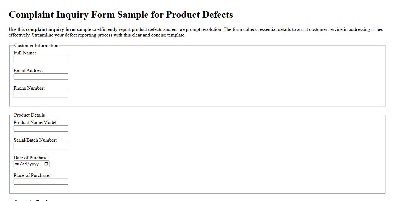 Complaint inquiry form sample for product defects image preview