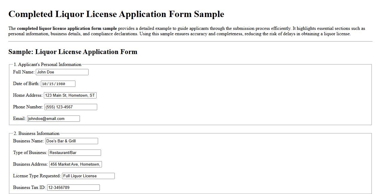 Completed liquor license application form sample image preview