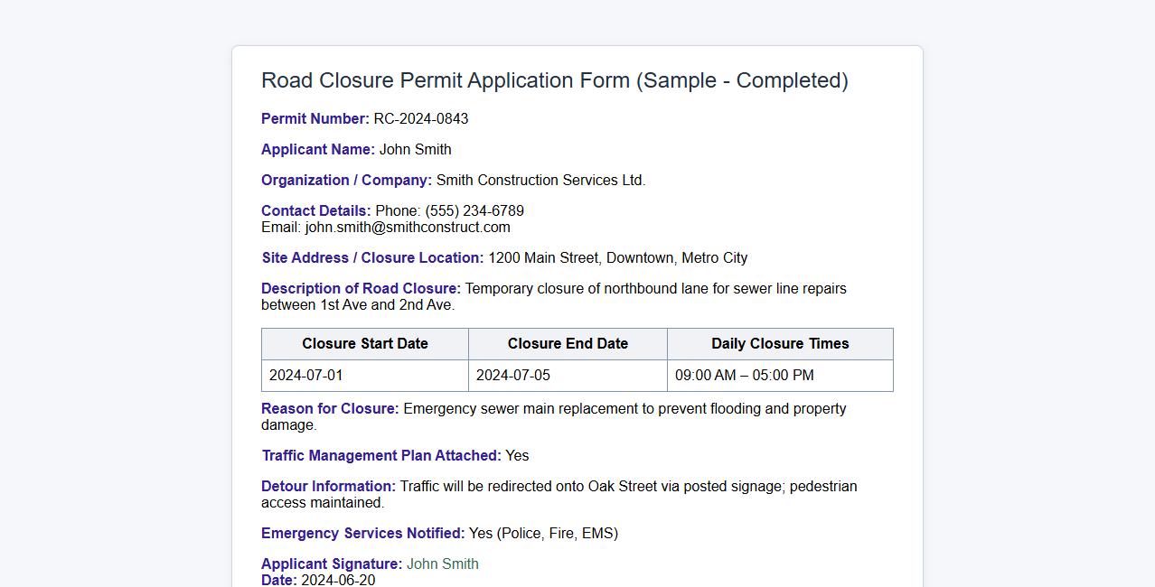 completed road closure permit form sample example image preview