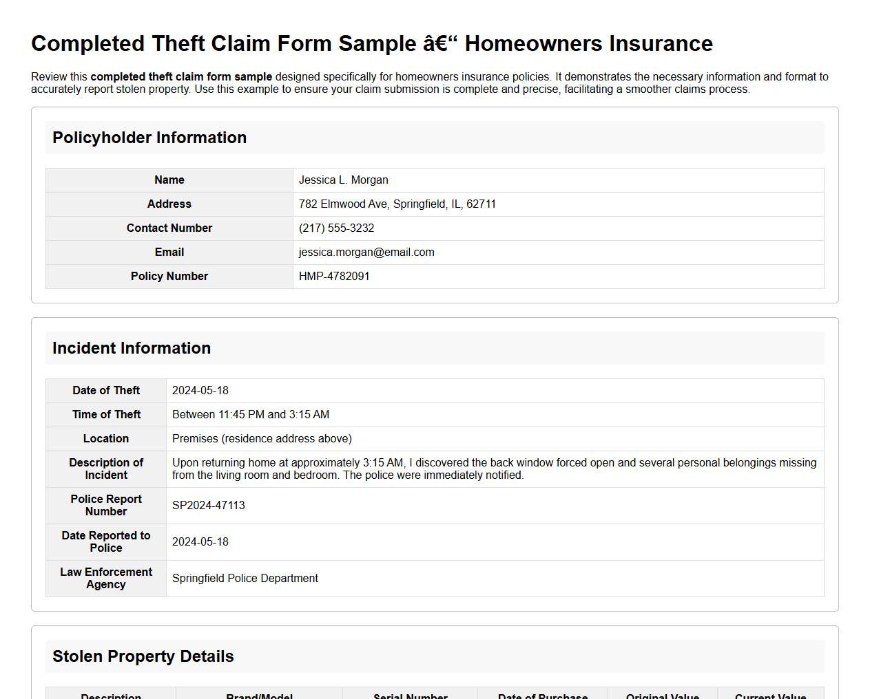 completed theft claim form sample for homeowners policy image preview