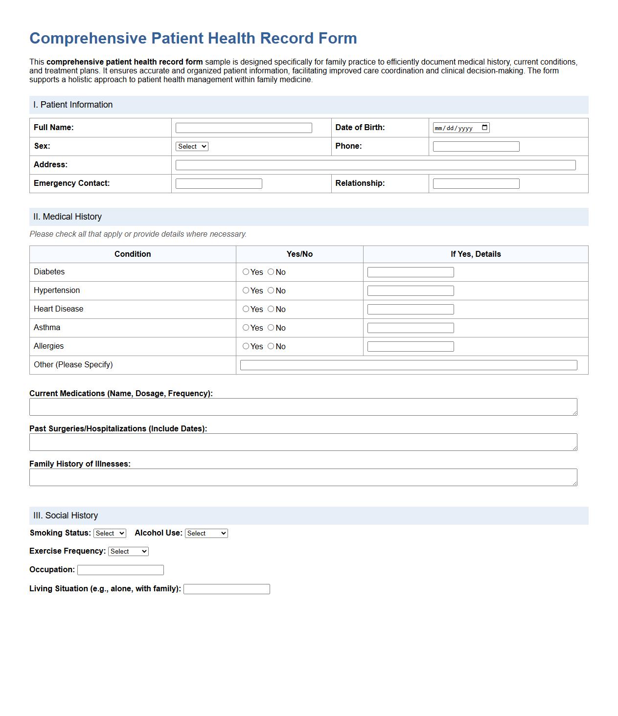 comprehensive patient health record form sample for family practice image preview