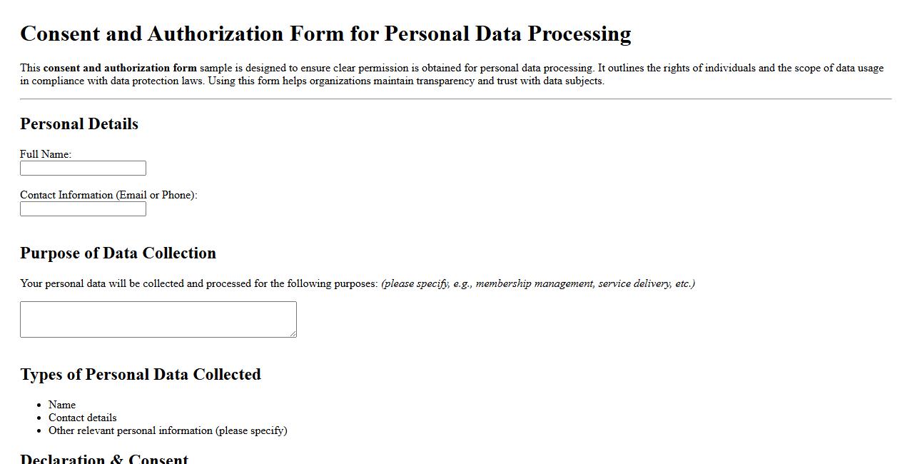 consent and authorization form sample for personal data processing image preview
