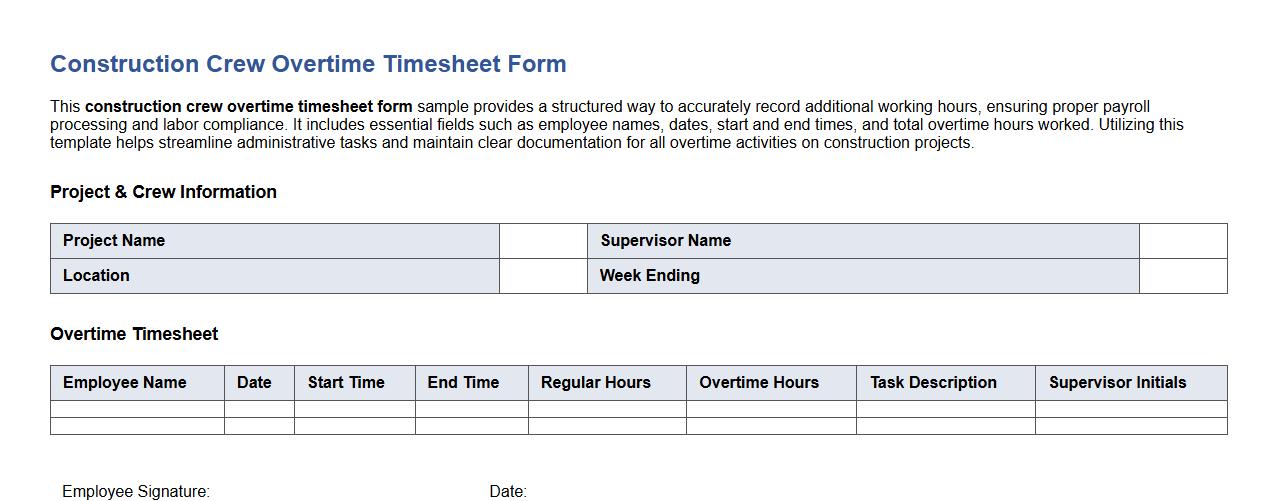 Construction crew overtime timesheet form sample image preview