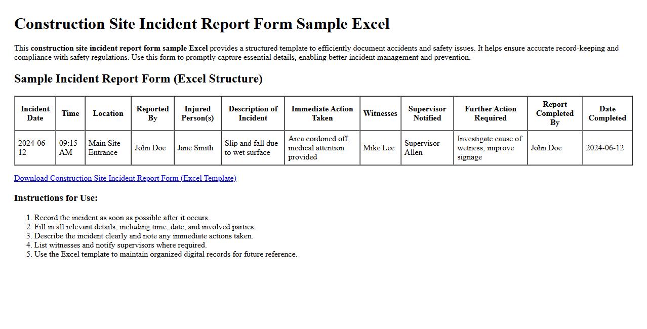 construction site incident report form sample excel image preview
