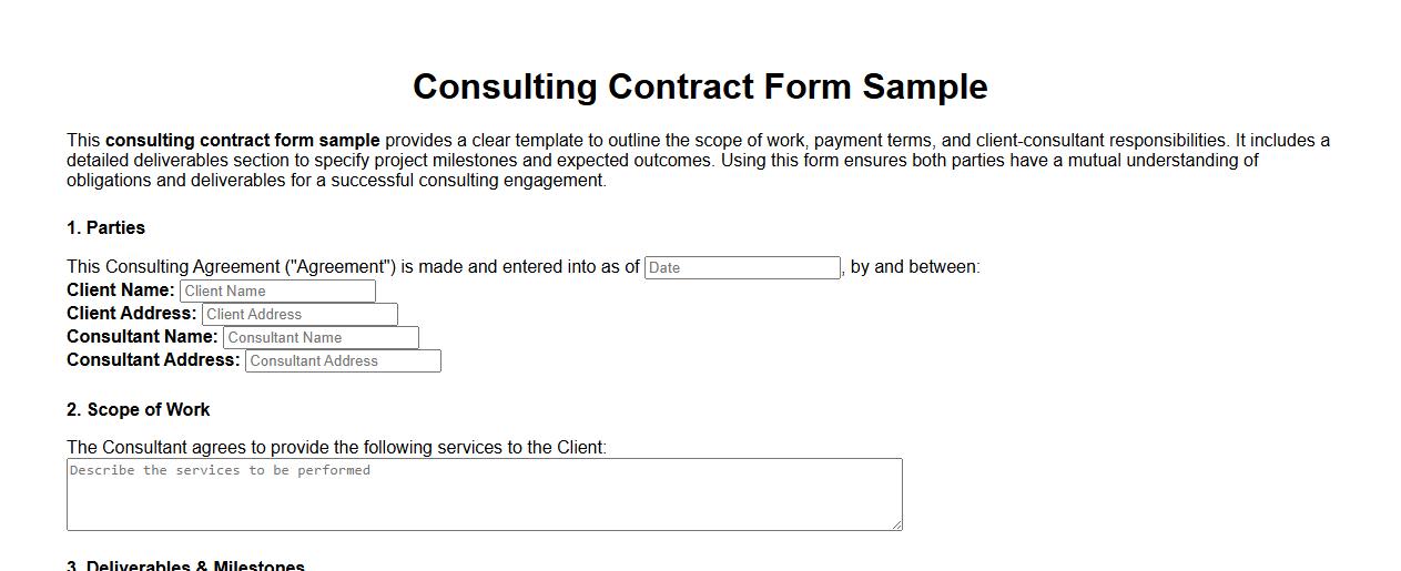consulting contract form sample including deliverables section image preview