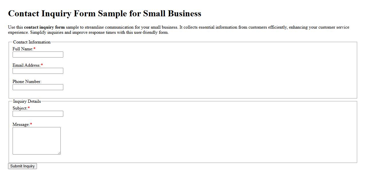 Contact inquiry form sample for small business image preview