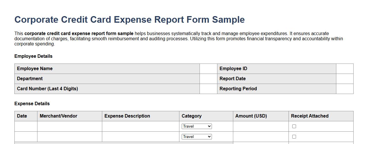 Corporate credit card expense report form sample image preview