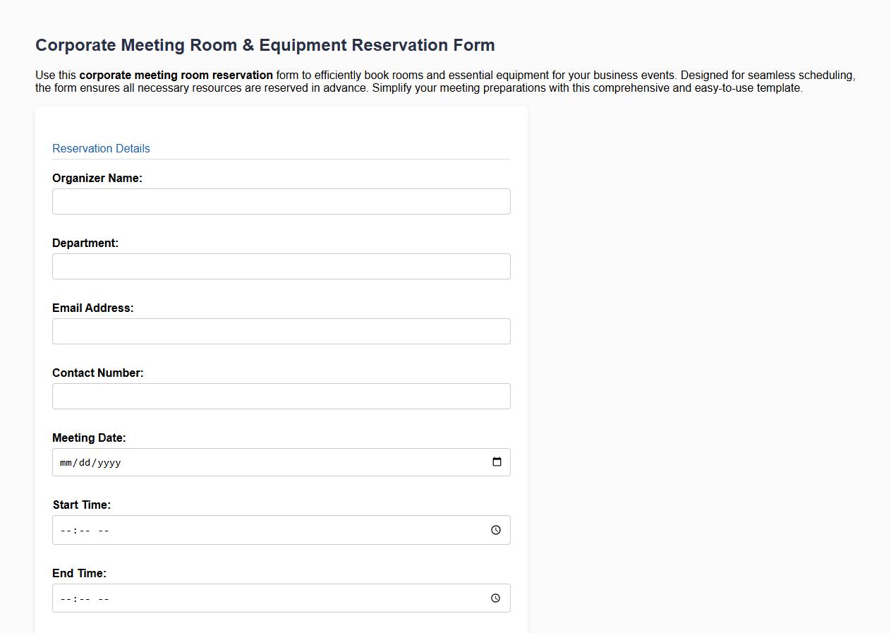 Corporate meeting room and equipment reservation form sample image preview