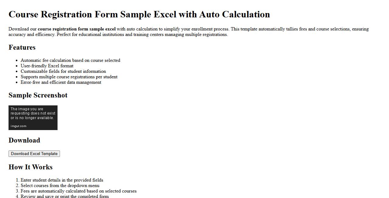 Course registration form sample excel with auto calculation image preview