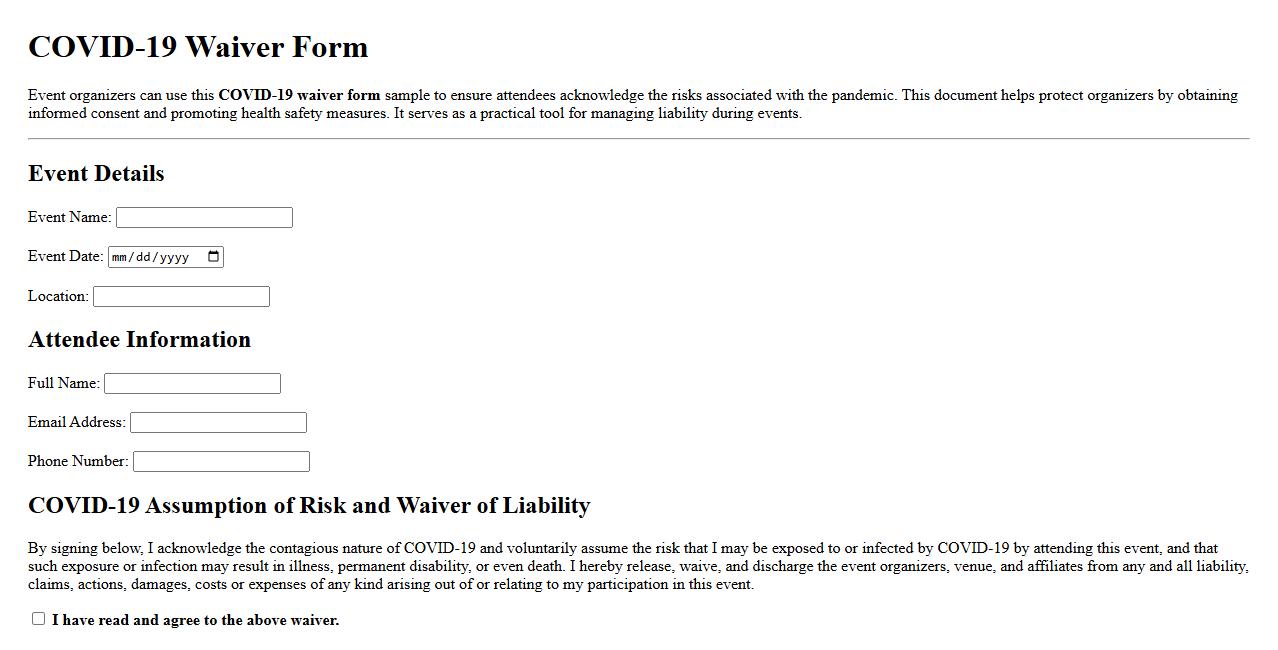COVID-19 waiver form sample for event organizers image preview