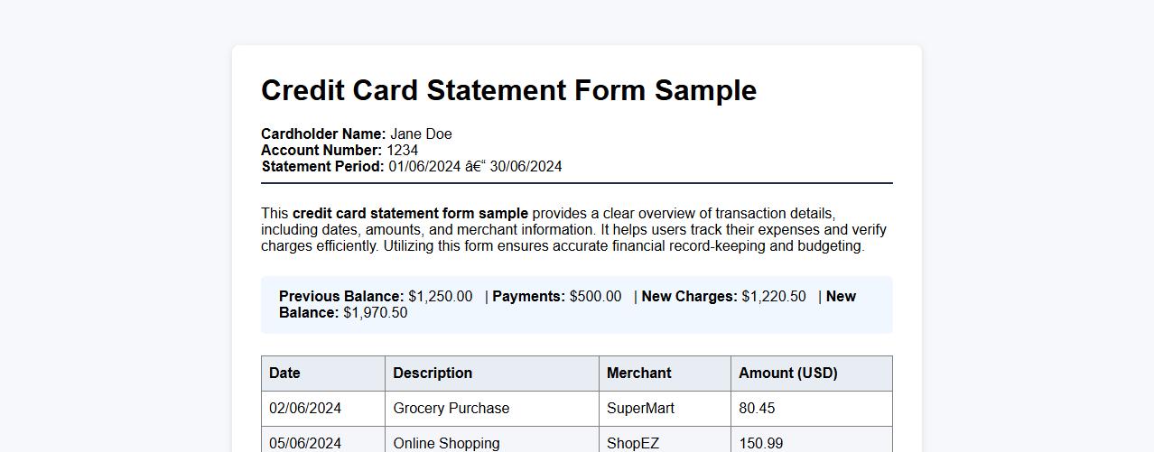 credit card statement form sample with transaction details image preview