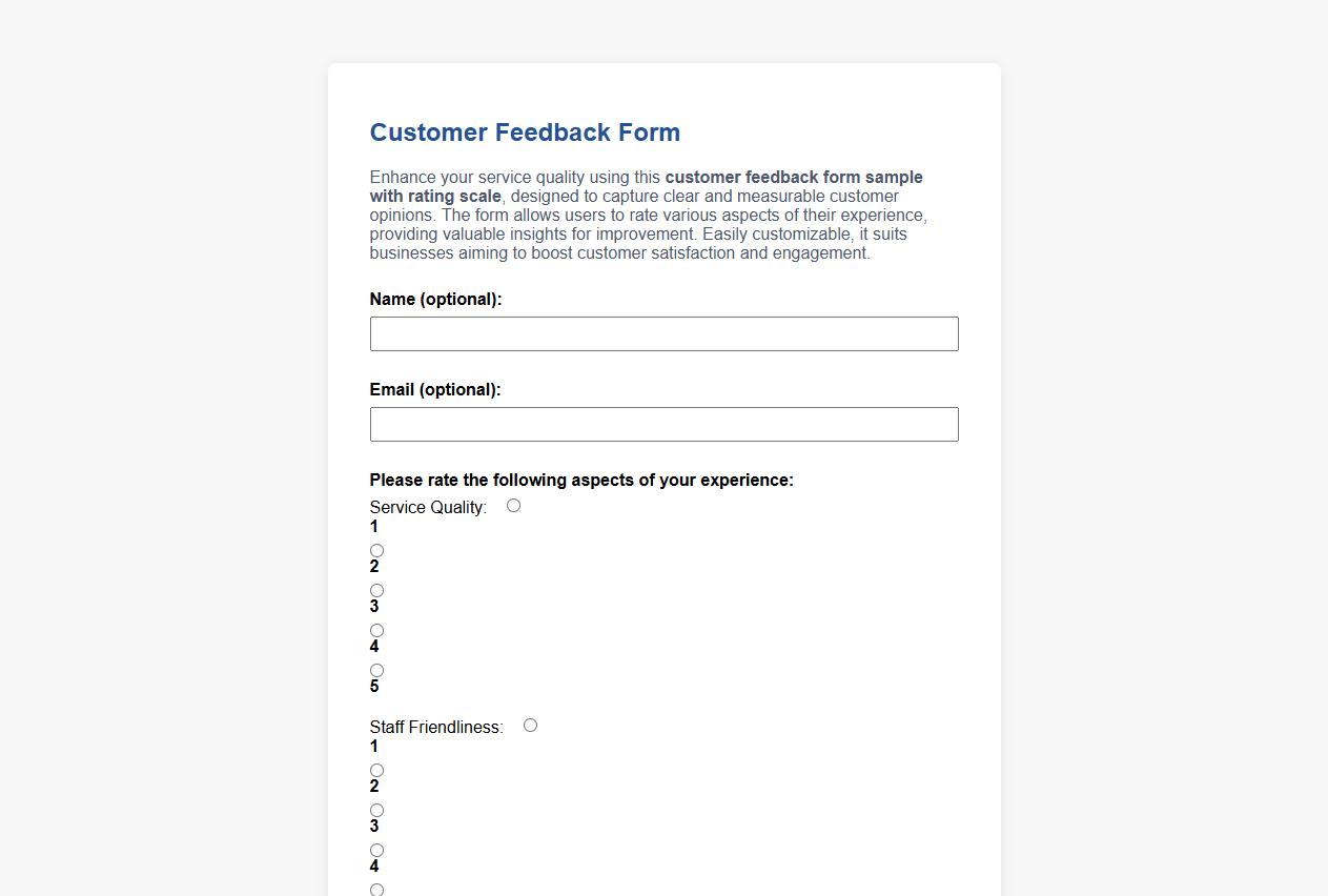 customer feedback form sample with rating scale image preview