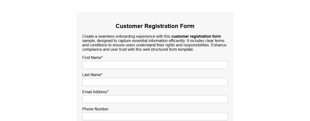 Customer registration form sample with terms and conditions image preview