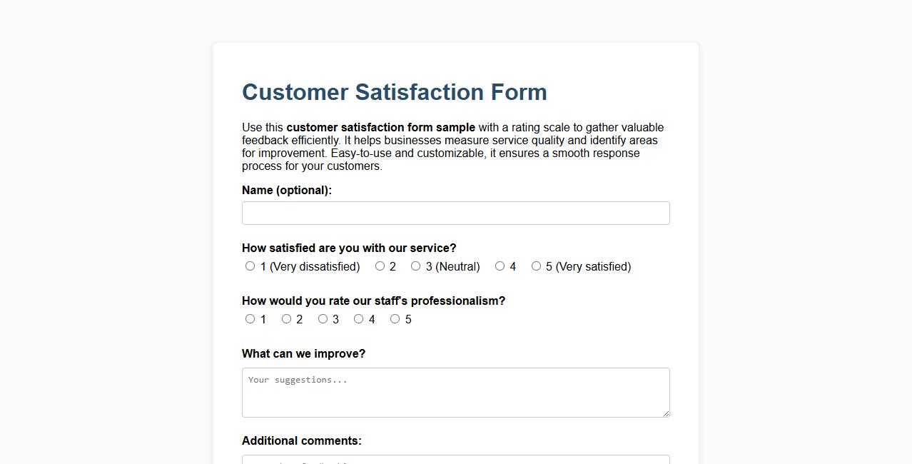 Customer satisfaction form sample with rating scale image preview