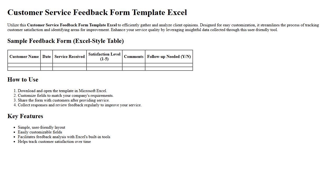 Customer service feedback form template Excel image preview