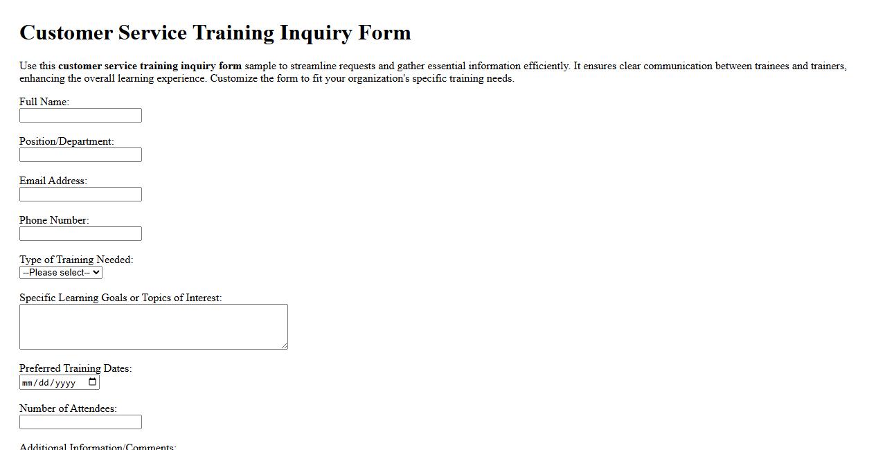 customer service training inquiry form sample image preview