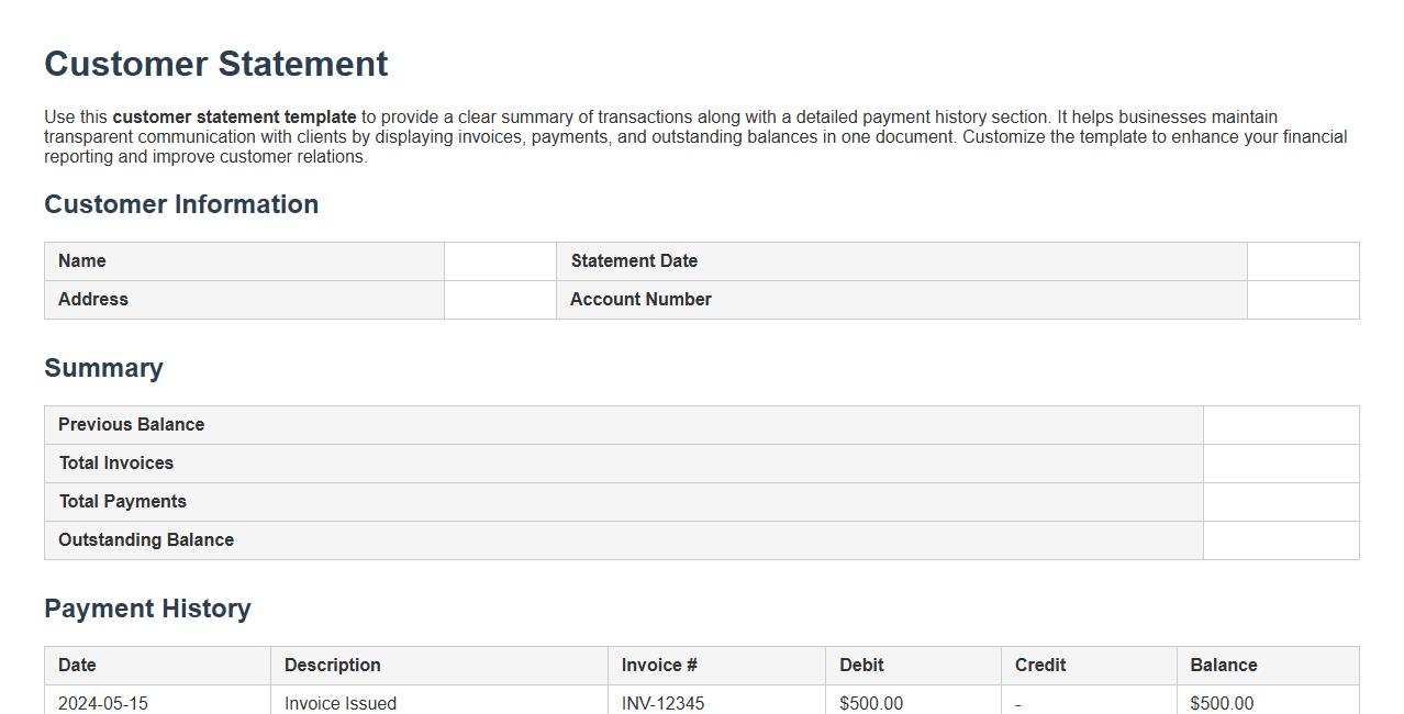 Customer statement template with payment history section image preview