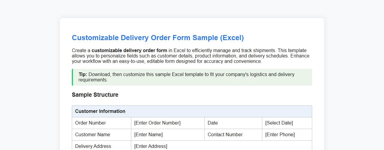 customizable delivery order form sample Excel image preview