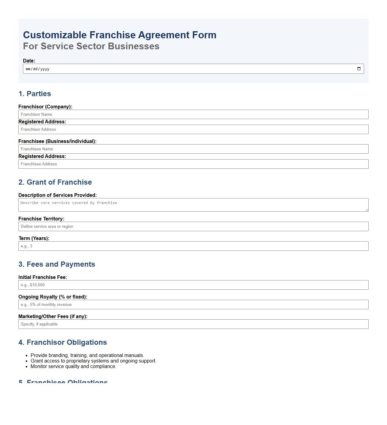 customizable franchise agreement form sample for service sector image preview