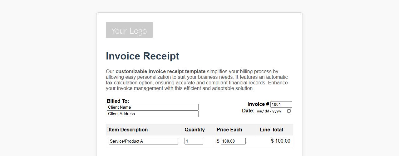 Customizable invoice receipt template with tax calculation image preview