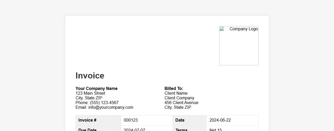 Customizable invoice template sample with company logo image preview