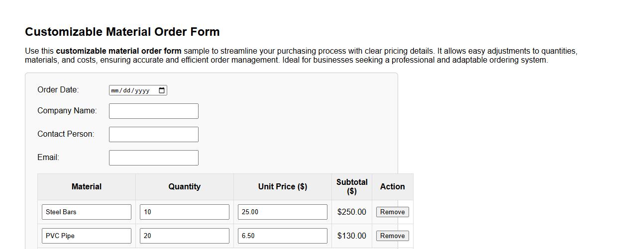 customizable material order form sample with pricing image preview