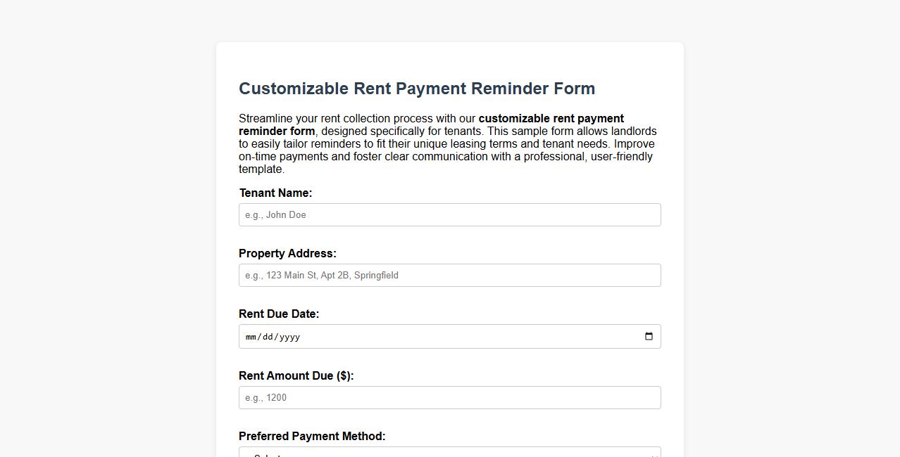 customizable rent payment reminder form for tenants sample image preview