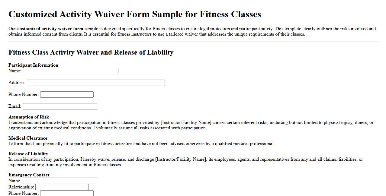 Customized activity waiver form sample for fitness classes image preview