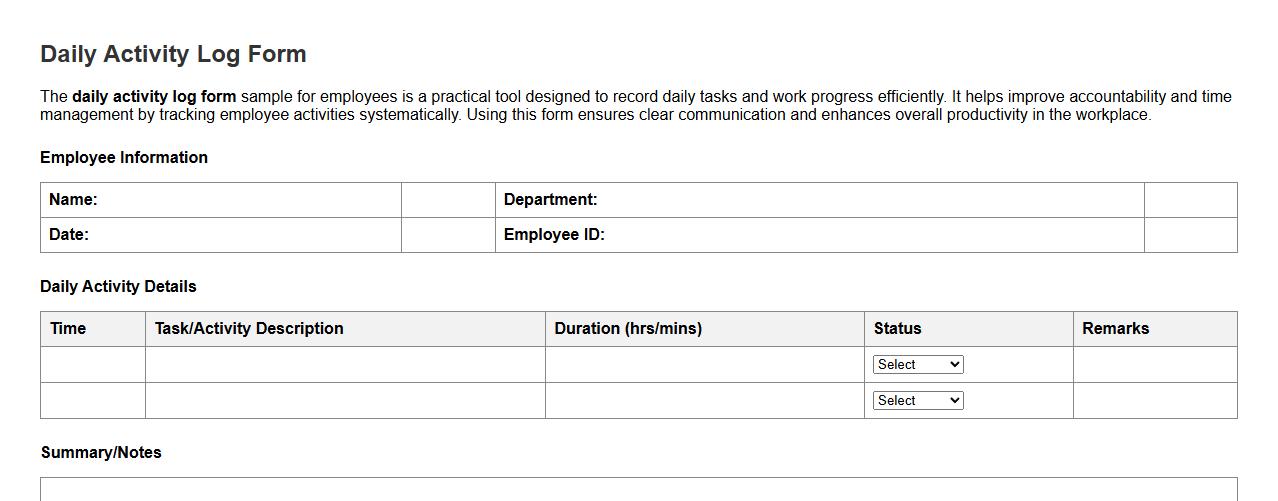daily activity log form sample for employees image preview