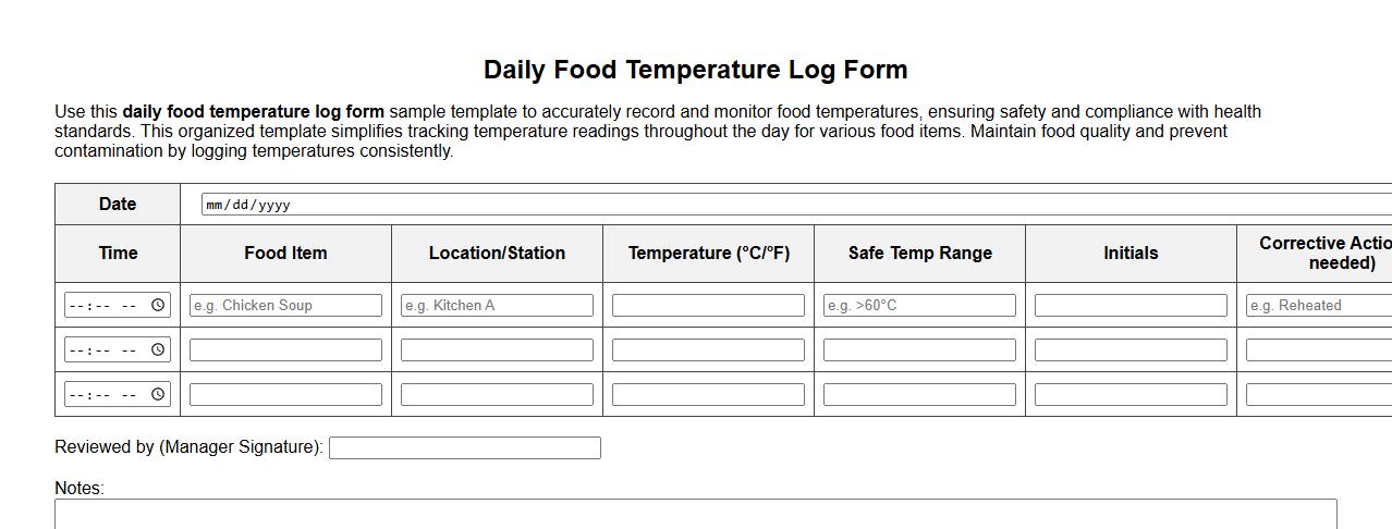 daily food temperature log form sample template image preview