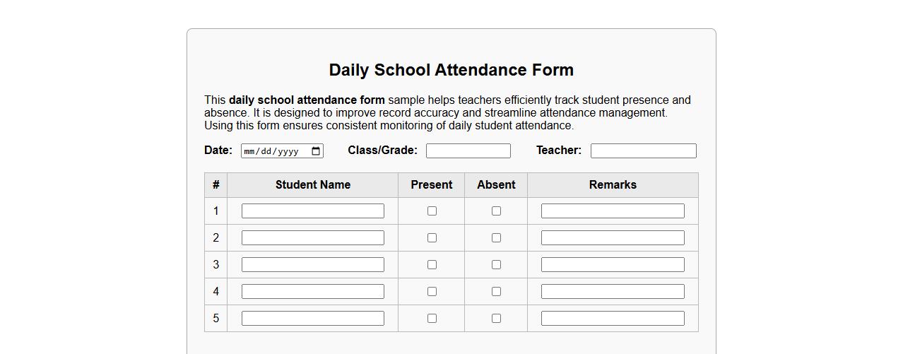 Daily school attendance form sample for teachers image preview