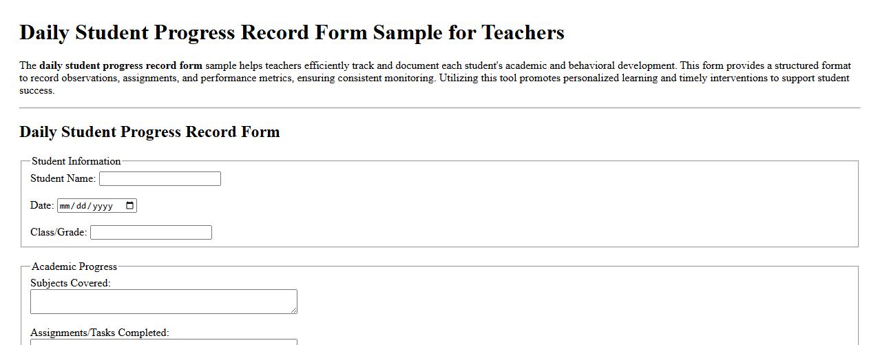 Daily student progress record form sample for teachers image preview