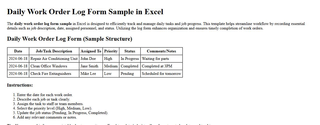 daily work order log form sample in excel image preview