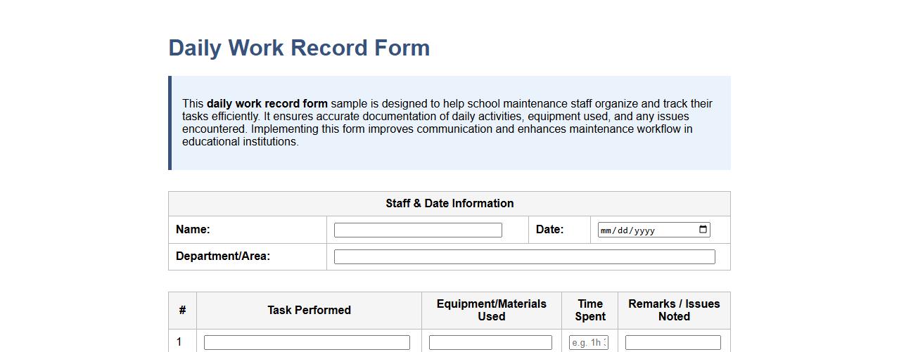Daily work record form sample for school maintenance staff image preview