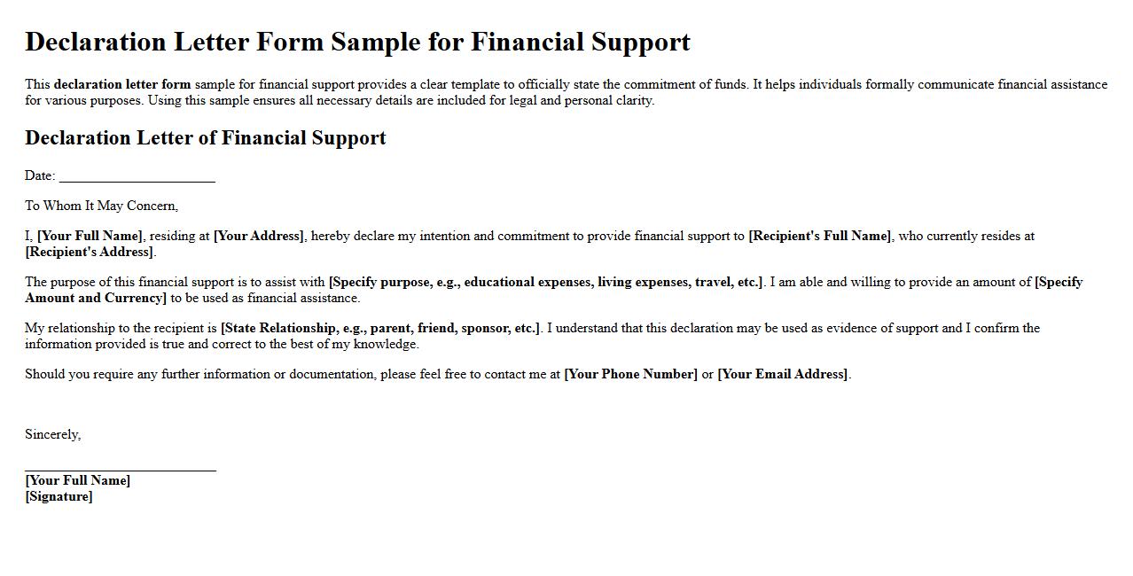 Declaration letter form sample for financial support image preview