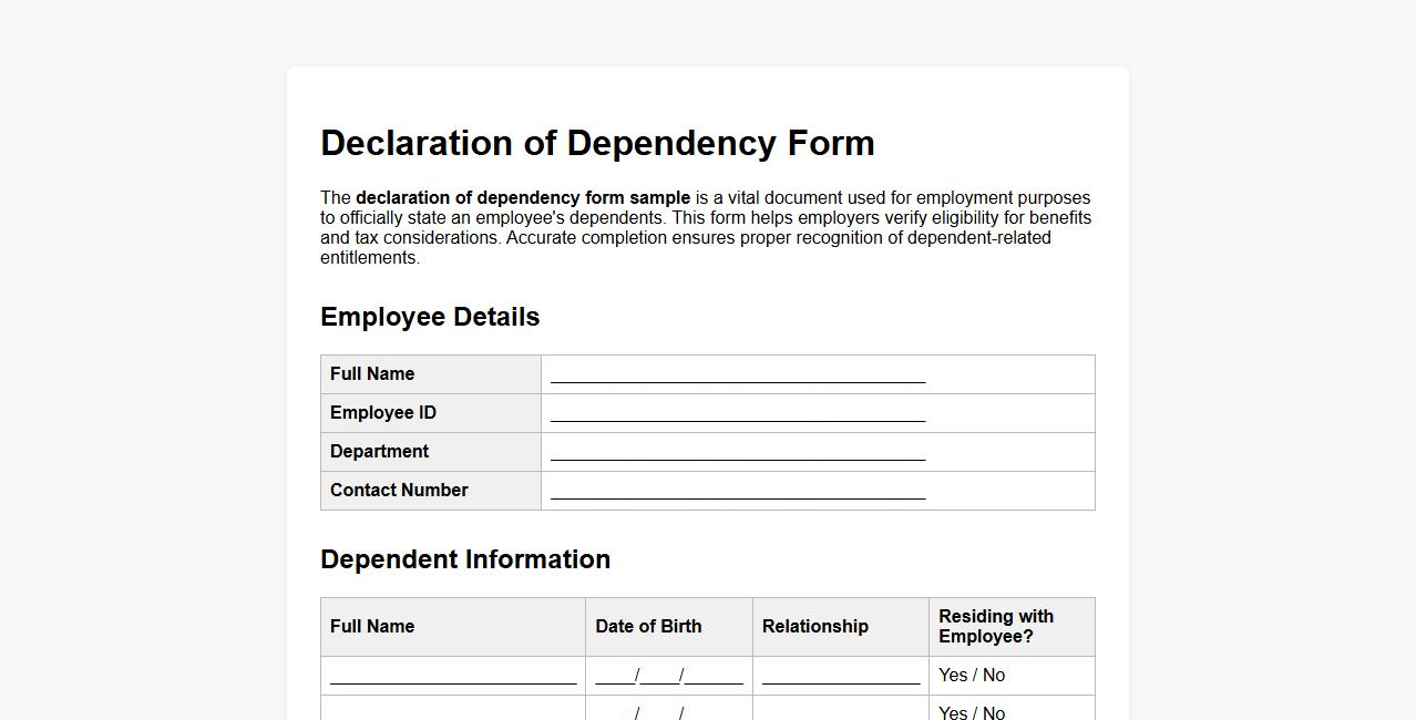 declaration of dependency form sample for employment purposes image preview