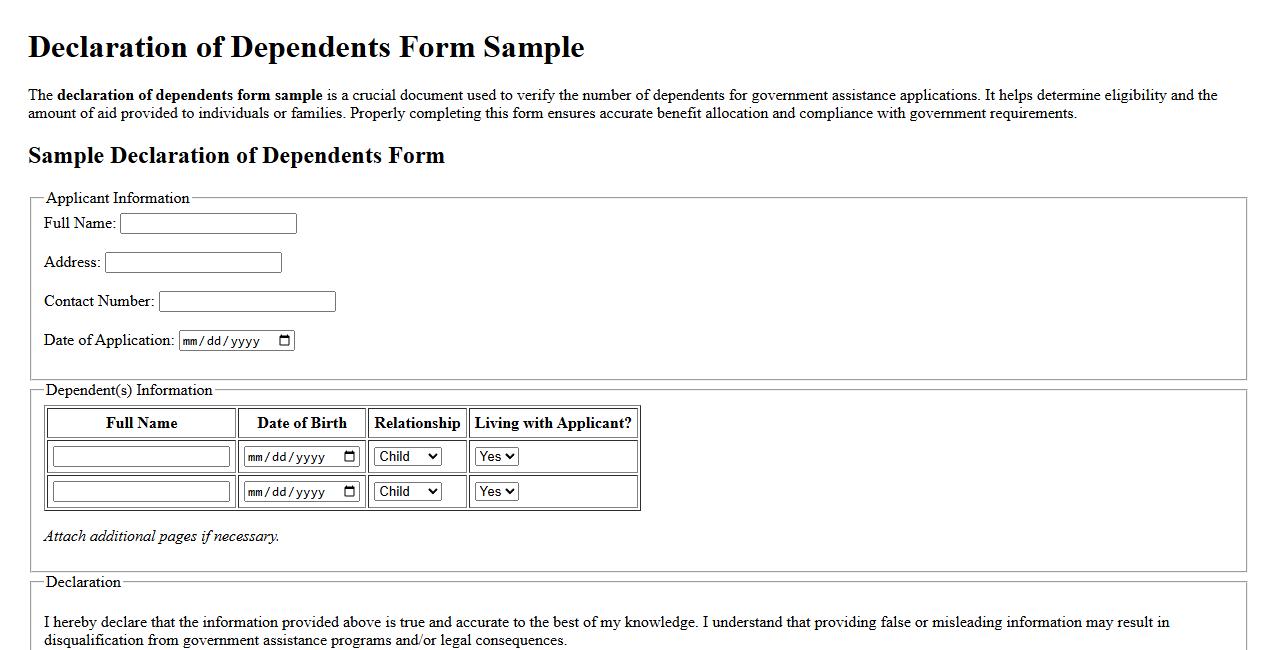 declaration of dependents form sample for government assistance image preview
