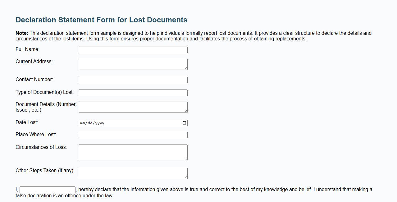 Declaration statement form sample for lost documents image preview