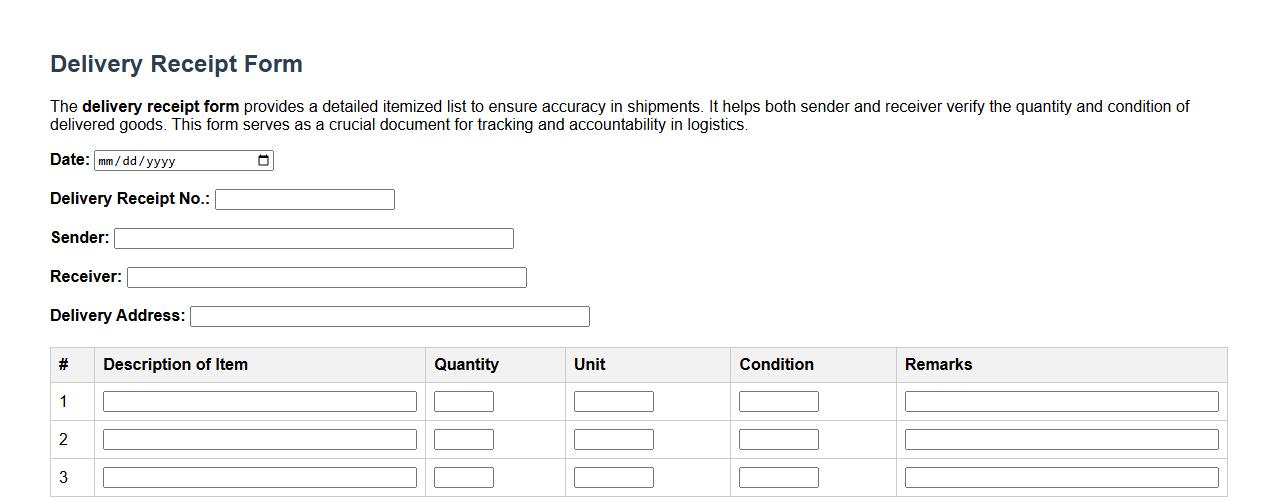 Delivery receipt form with itemized list image preview