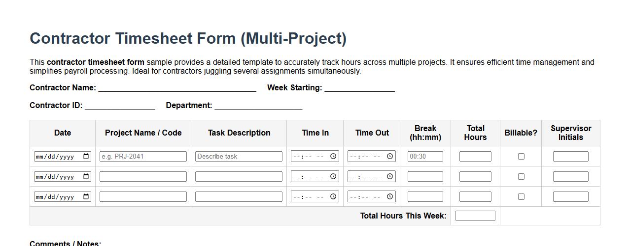 detailed contractor timesheet form sample for multiple projects image preview