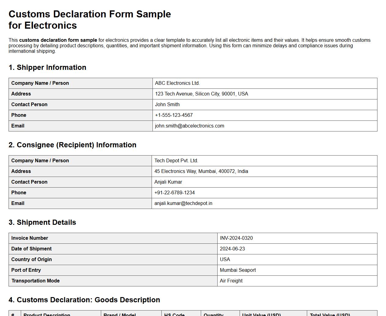 detailed customs declaration form sample for electronics image preview