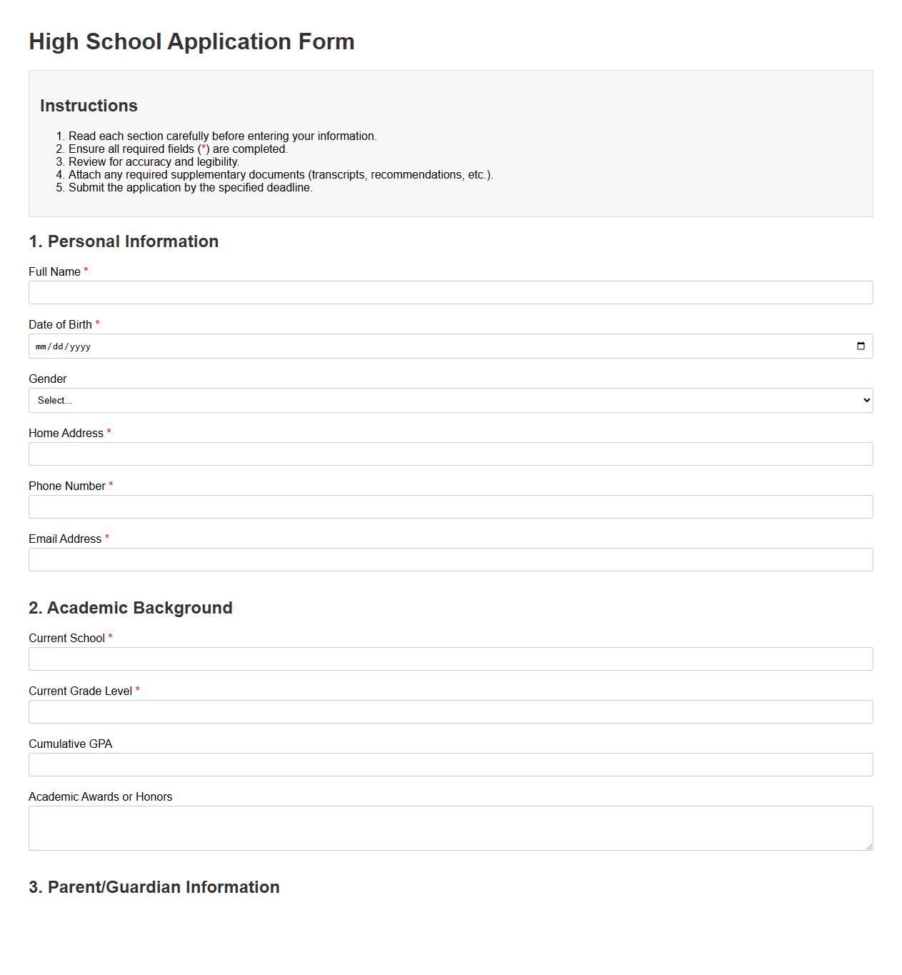 Detailed high school application form sample with instructions image preview