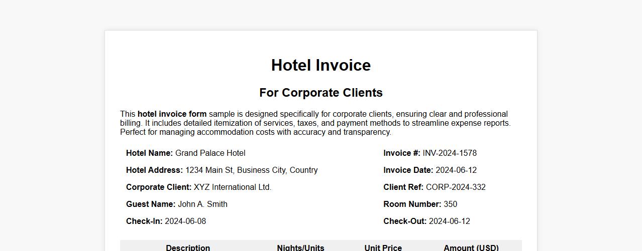 Detailed hotel invoice form sample for corporate clients image preview